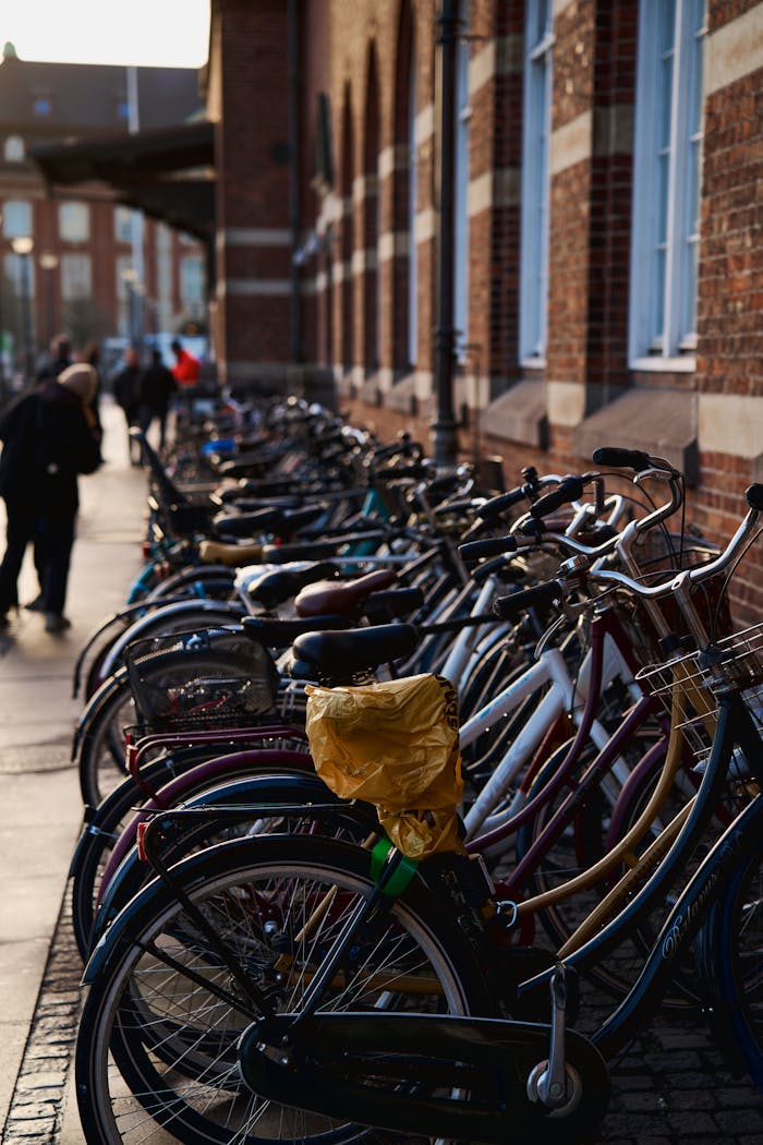services-01 Urban scene featuring a row of parked bicycles along a historic brick wall in daylight.